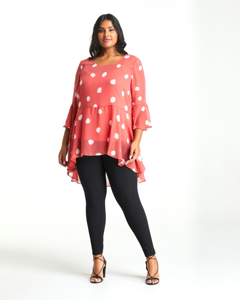 Front of a model wearing a size 1X Begin Again Ruffled High-Low Tunic in Rose/Milk by Estelle. | dia_product_style_image_id:234966